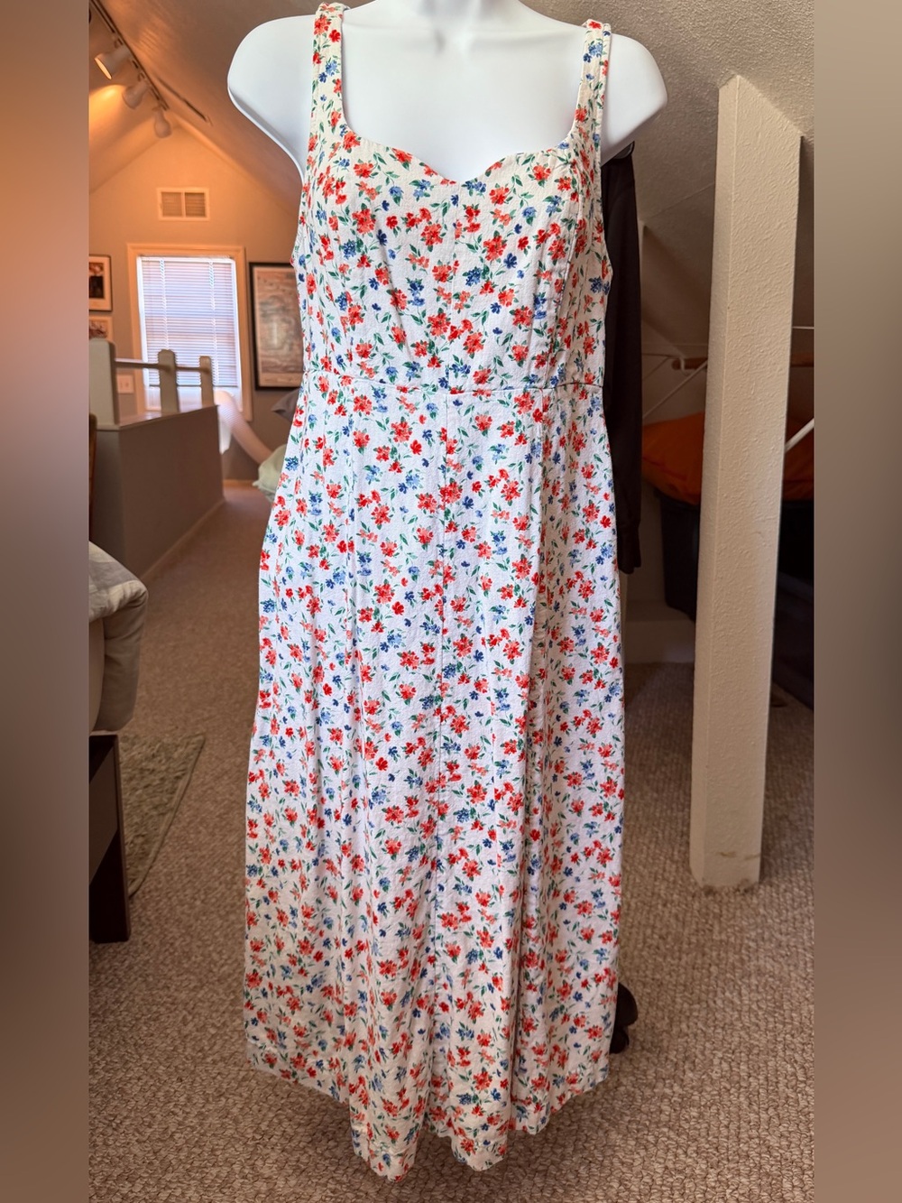 Old Navy White Maxi Dress with Red & Blue Floral Print